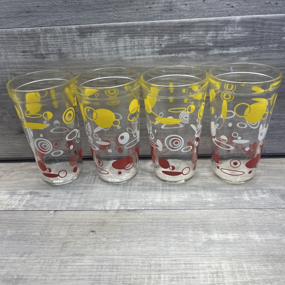 Atomic Set of 4 Jelly Jar Drinking Glass Tumblers Vintage 50s MCM Abstract